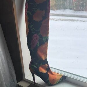 Anne Michelle Black and Floral Heeled Boots